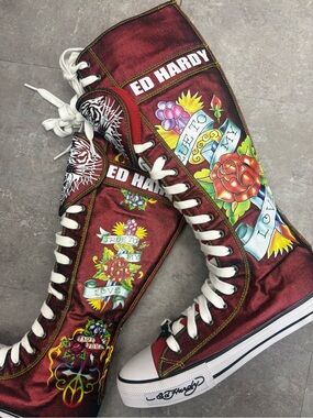 RARE VINTAGE Y2K Ed Hardy Red Tattoo Graphic High-Top Sneakers
